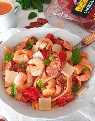 Pâtes aux crevettes et chorizo César Moroni